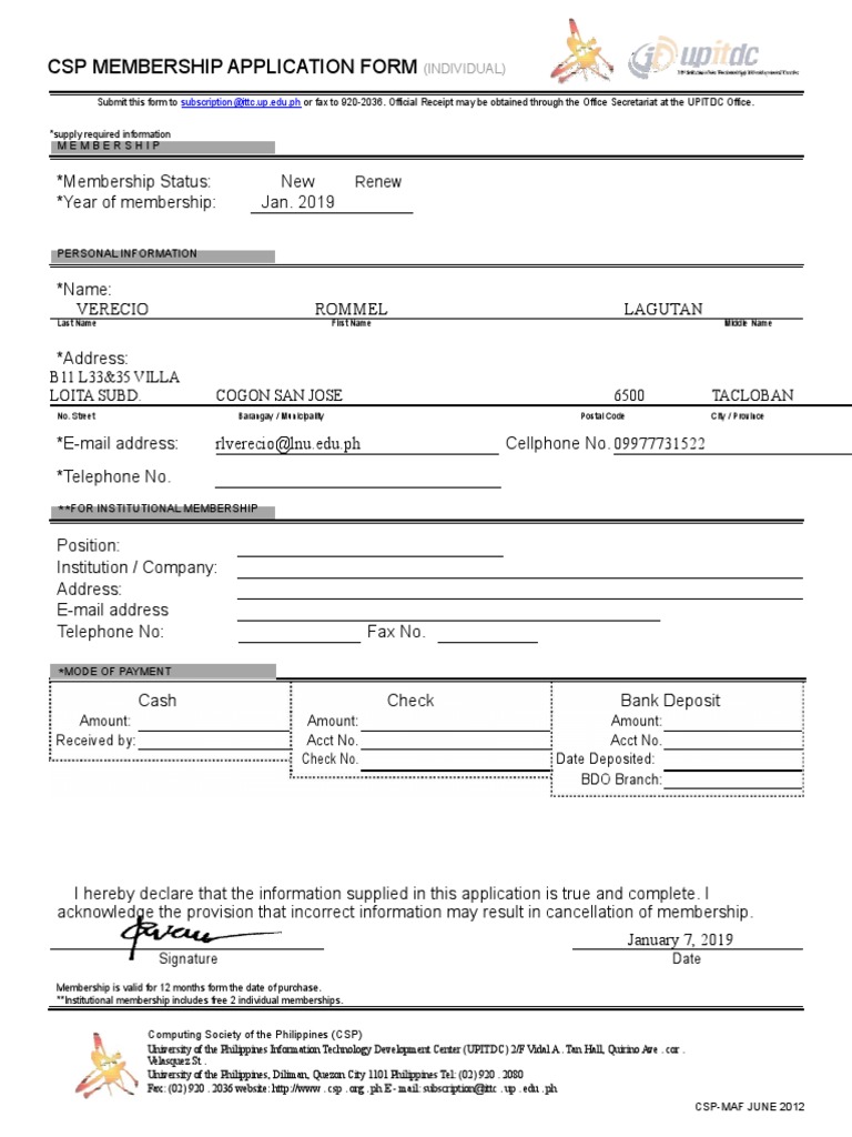 CSP Membership Application Form for Individual Membership Renewal in ...