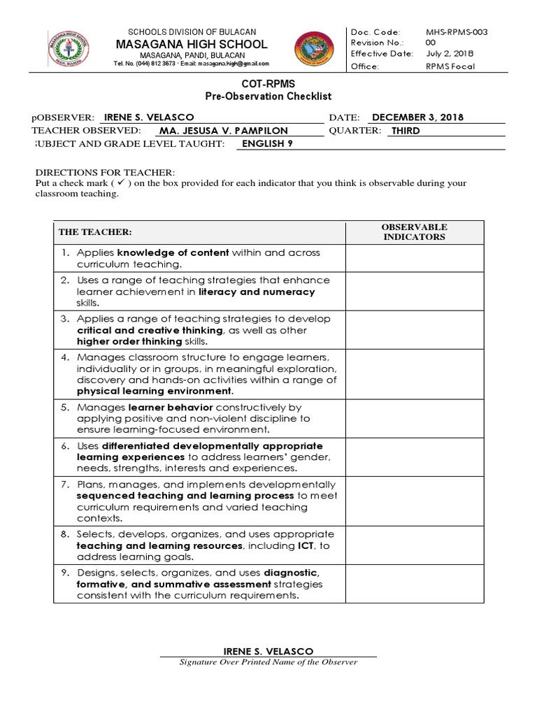 RPMS Form 3 COTRPMS PreObservation Checklist Curriculum