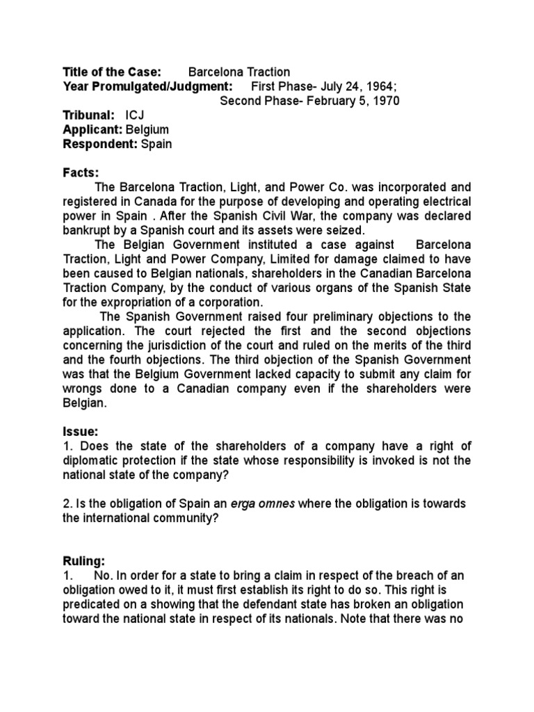 Barcelona Traction Case International Law Social