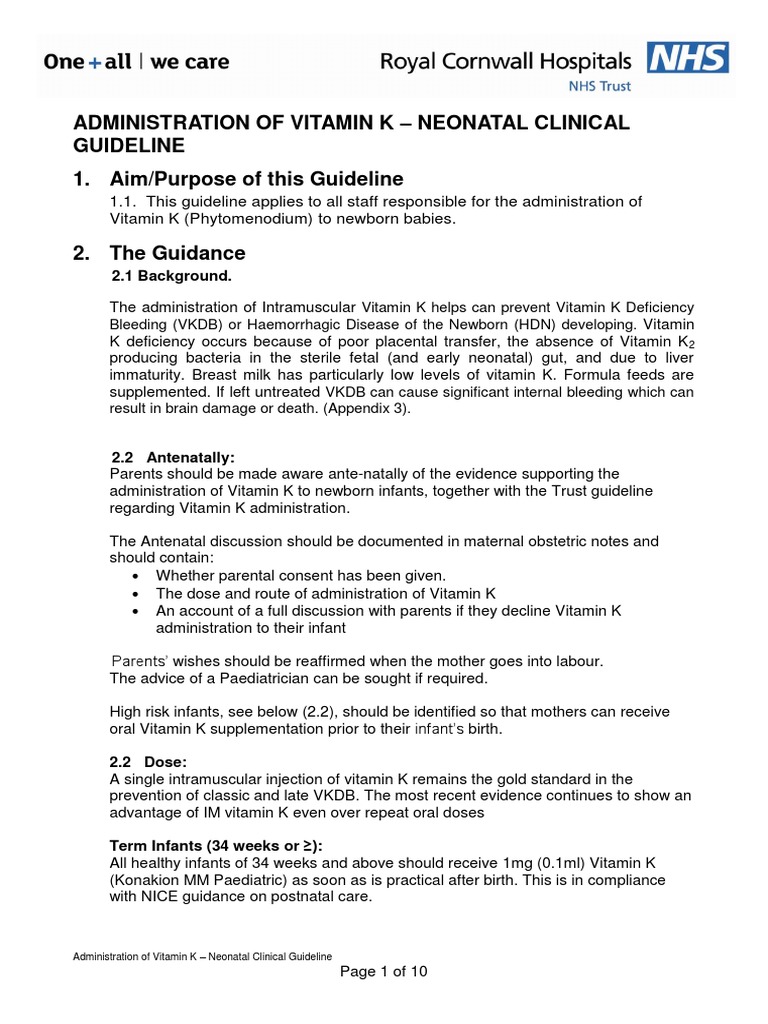 Vitamin K Administration in The Newborn Guideline PDF Infants Vitamin