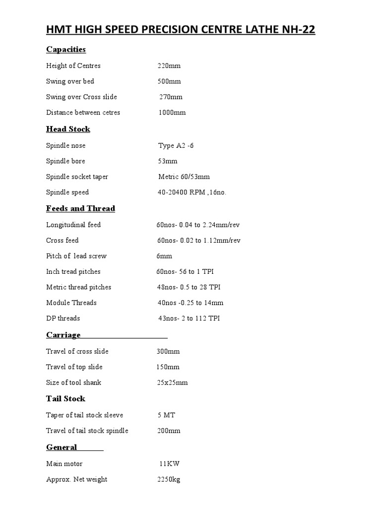 HMT NH-22 Lathe Machine Specifications | PDF | Home & Garden