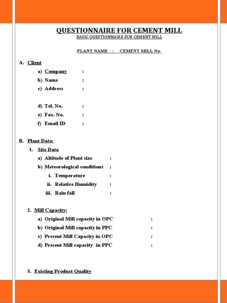 Cement Grinding Unit Questionnaire PDF Physical Quantities