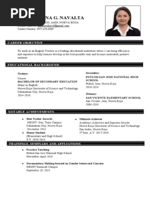 SAMPLE RESUME FOR TEACHER