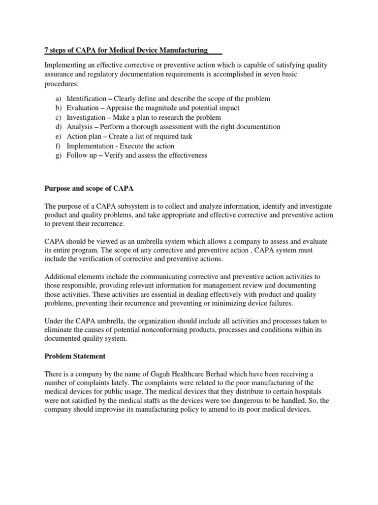 CAPA in Medical Devices Manufacturing | PDF | Medical Device | Business