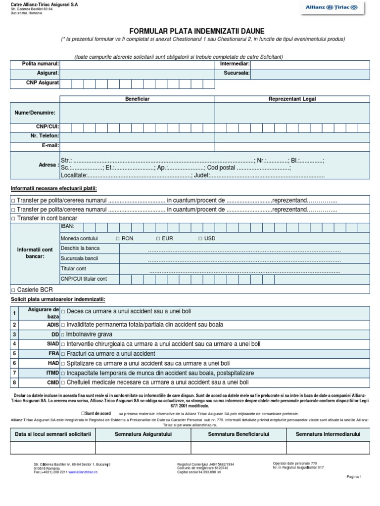 Formular Plata Indemnizatii Daune | PDF