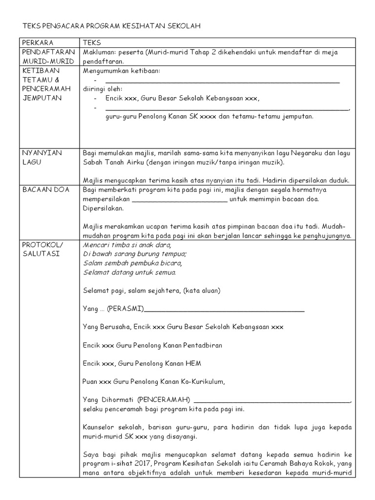 Contoh Teks Pengacara Untuk Program Kesihatan Sekolah Ceramah Bahaya ...