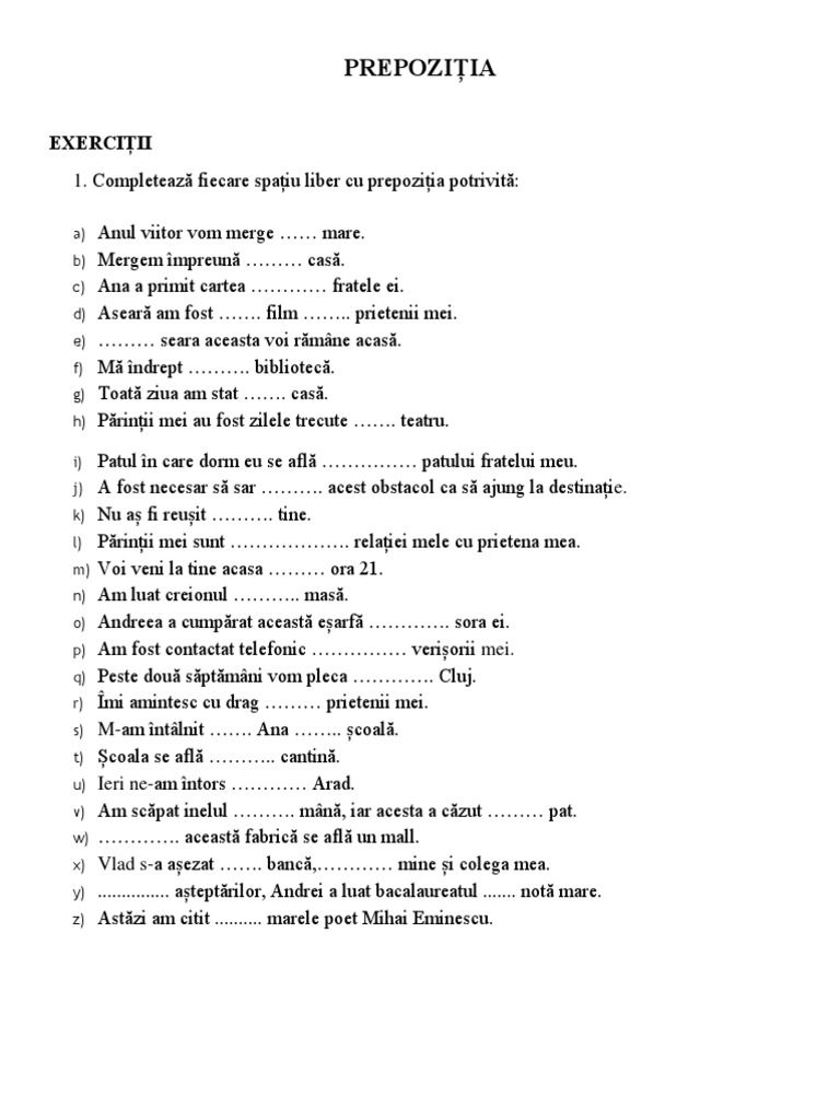 Alege Prepozitia Potrivita Pentru Enunturile Date Prepozitia Exercitii PDF | PDF