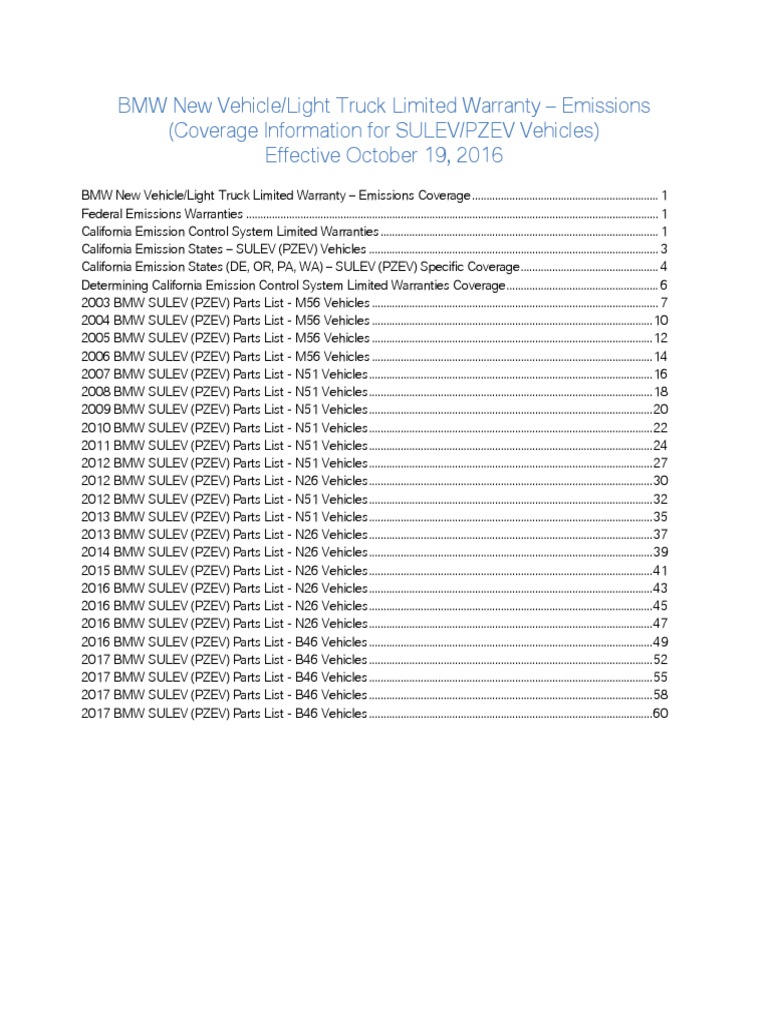 BMW Emissions Warranty Document Outlining Coverage Periods and Parts