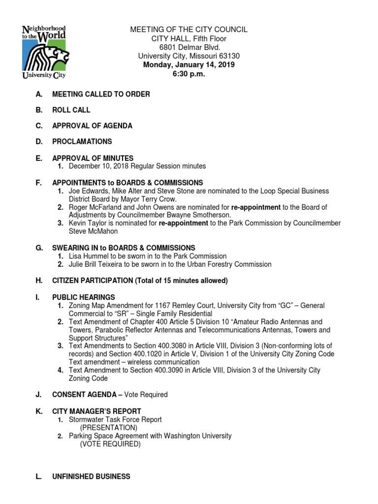University City Council Meeting Agenda | PDF | Stormwater | Zoning