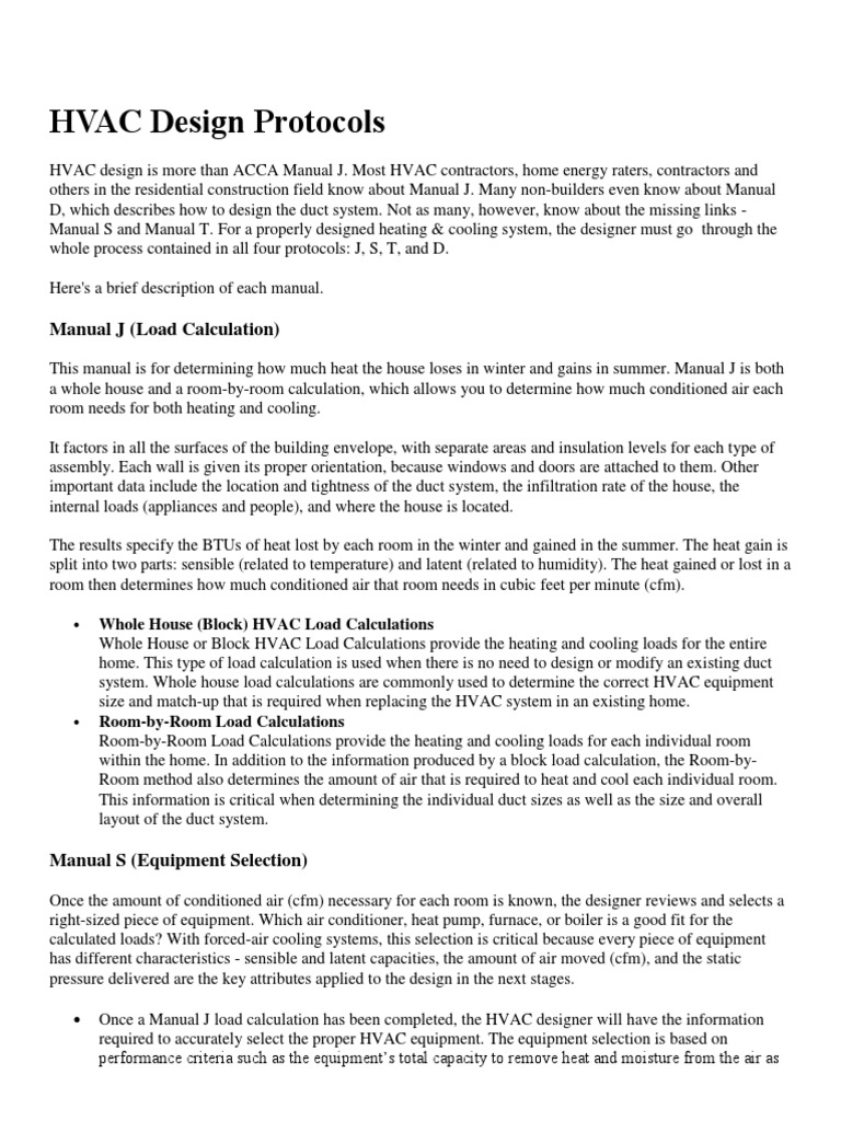 HVAC Design Protocols: Manual J (Load Calculation) | PDF | Hvac | Duct