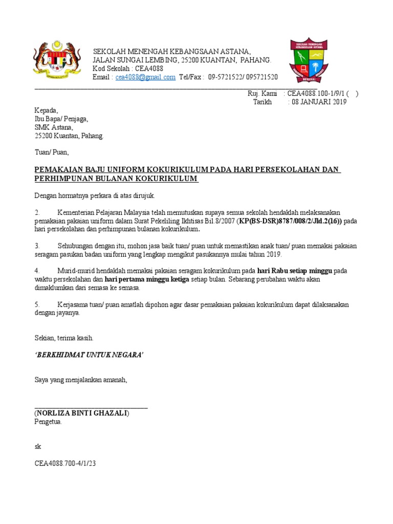 Surat Kelulusan Dan Sokongan Aktiviti Kokurikulum