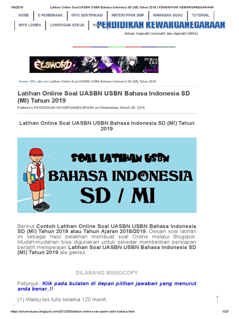 Latihan Online Soal Uasbn Usbn Bahasa Indonesia Sd Mi Tahun 2019 Pendidikan Kewarganegaraan Pdf