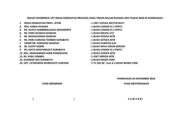 Ceklist Doorprice Upt Dinas Kesehatan Provinsi Jawa Timur