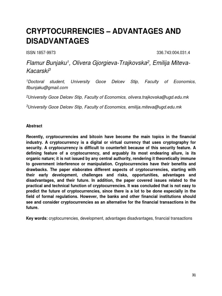 Cryptocurrencies - Advantages and Disadvantages: Flamur Bunjaku, Olivera  Gjorgieva-Trajkovska, Emilija Miteva-Kacarski | PDF | Bitcoin |  Cryptocurrency