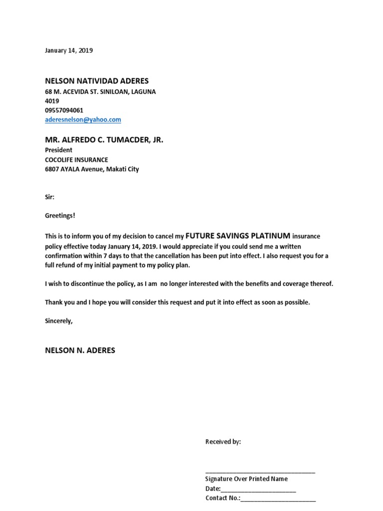 Cocolife Cancellation Letter | Insurance | Financial Services