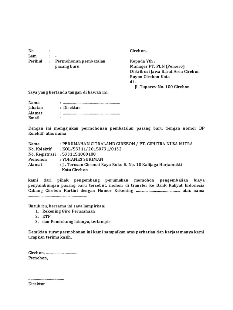 Contoh Surat Permohonan Restitusi Pln