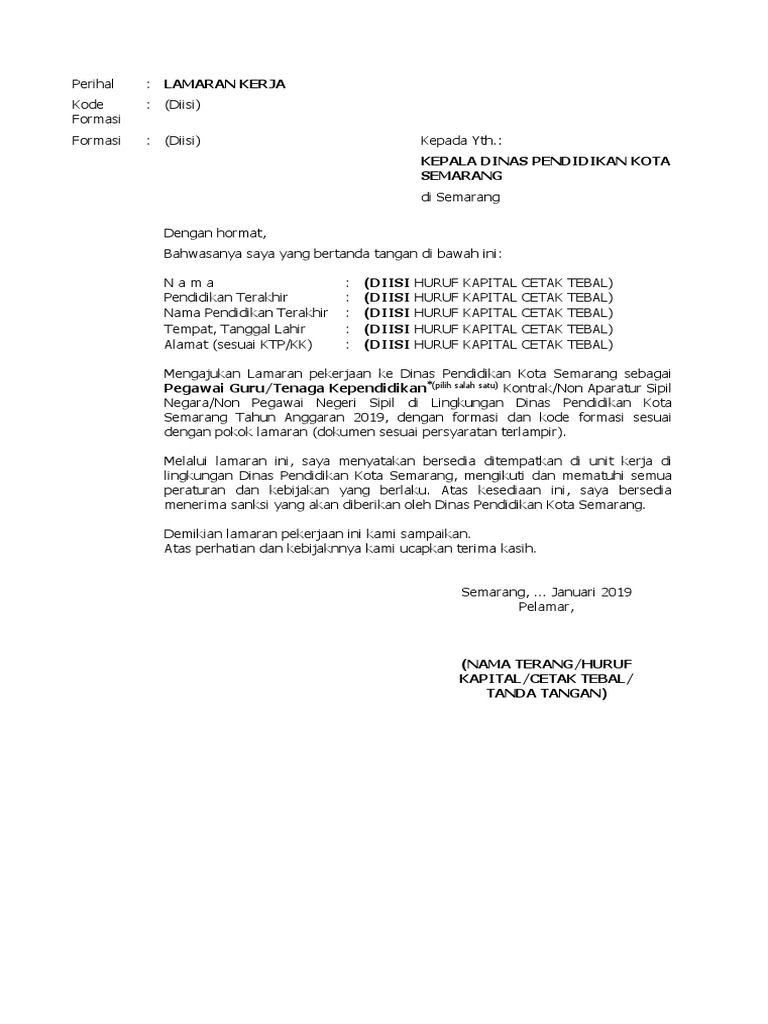 Surat Lamaran Kerja Gtk Non Pns Disdik 2019