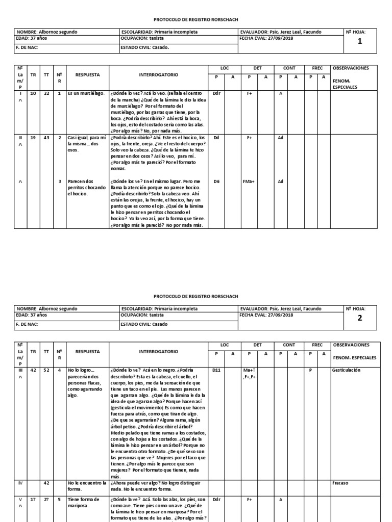 Protocolo De Registro Rorschach Pdf Ocio Naturaleza