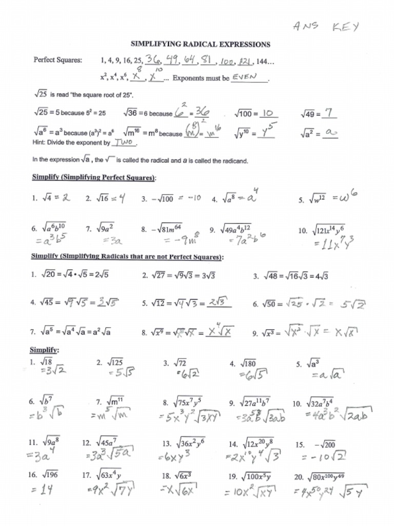 GV - Alg I.worksheet - Answers.simplifying - Radical.expressions  PDF For Simplifying Radicals Worksheet Algebra 2