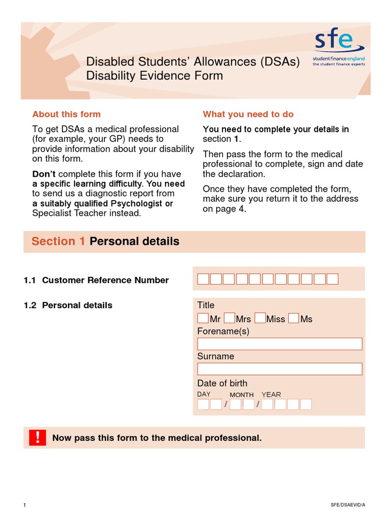 Sfe Dsa Disability Evidence Form | PDF | Health Professional | Disability