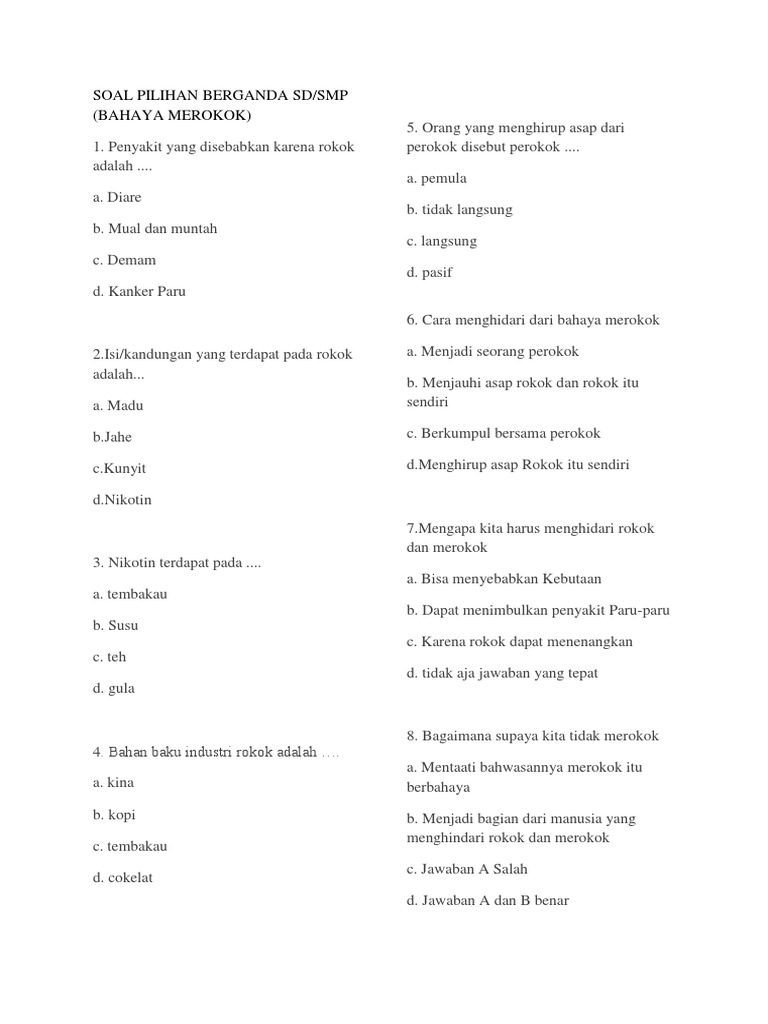 Soal Pilihan Berganda Bahaya Merokok