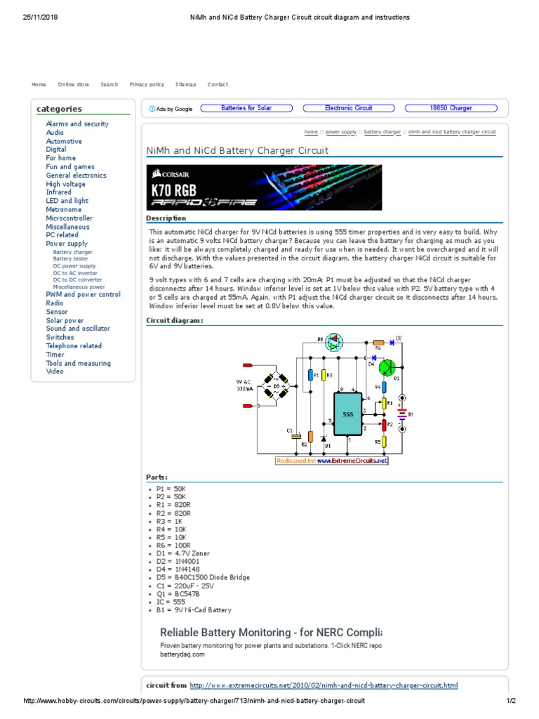 NiMh and NiCd Battery Charger Circuit Circuit Diagram and Instructions