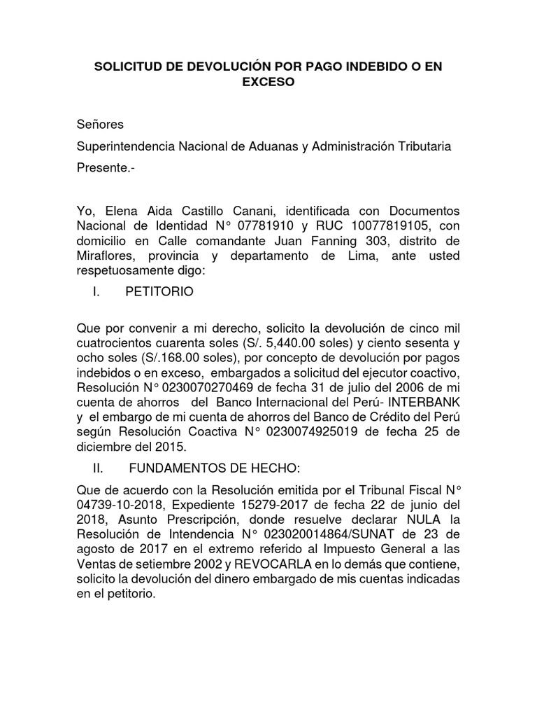 Solicitud de Devolución Por Pago Indebido o en Exceso