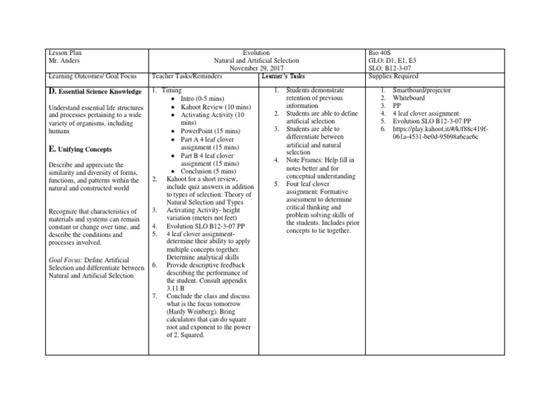 Evolution Lesson Plan: Selection Types | PDF | Natural Selection ...