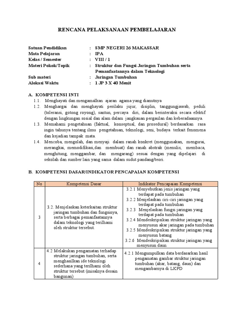 33 Rpp P3 Struktur Dan Fungsi Tumbuhan Pertemuandoc
