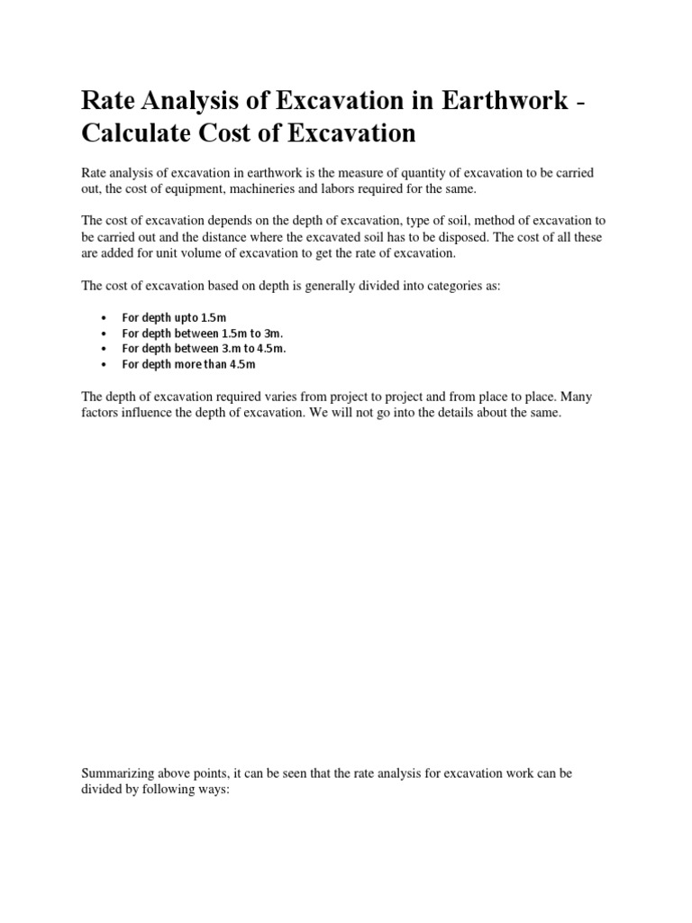Rate Analysis of Excavation in Earthwork PDF Excavation