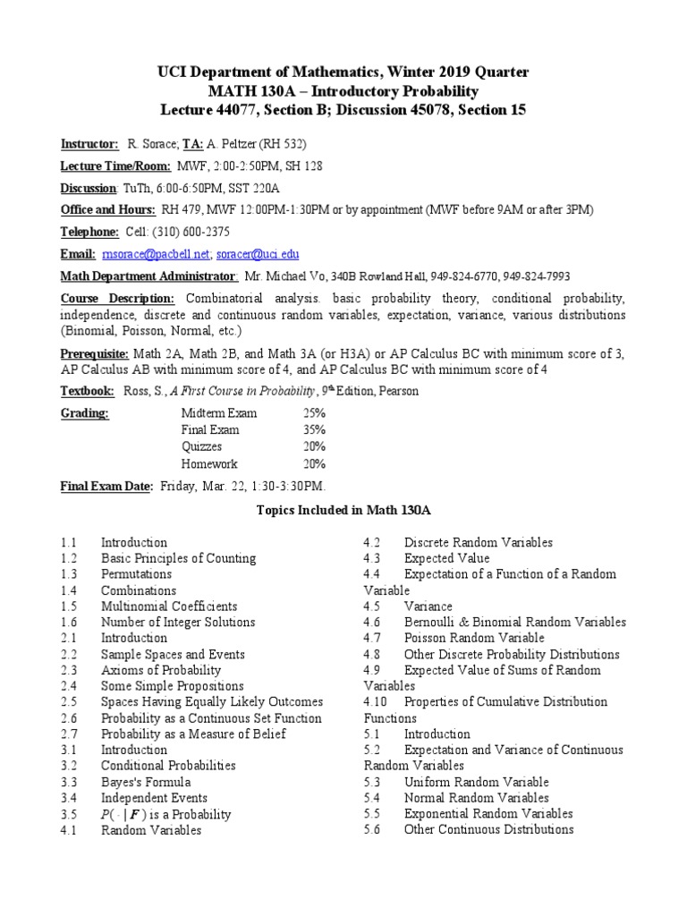 UCI Math 130A: Intro to Probability | PDF | Probability Distribution ...
