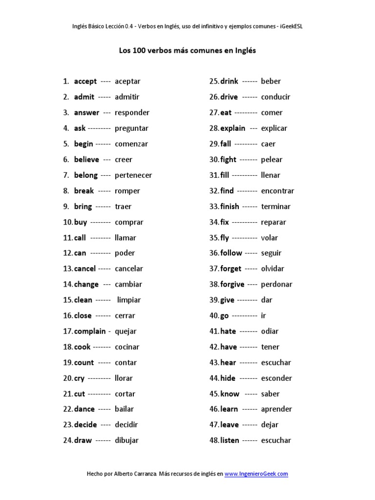 Los Verbos En Ingles Pdf 100 Verbos Basicos Del Ingles PDF | PDF