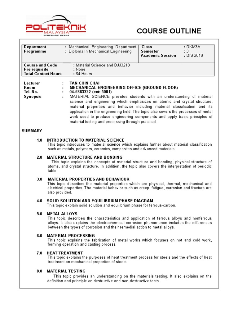 Diploma in Mechanical Engineering: Material Science Course Outline ...
