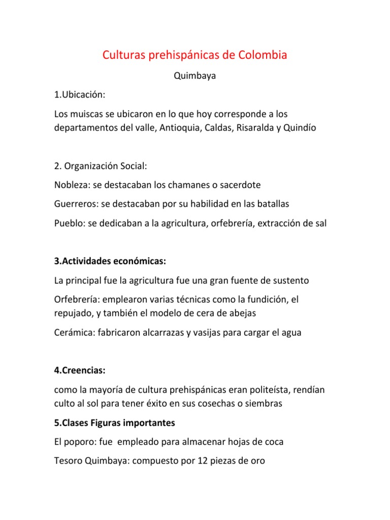 Culturas Prehispánicas de Colombia Examen | PDF | Colombia | Cultura ...