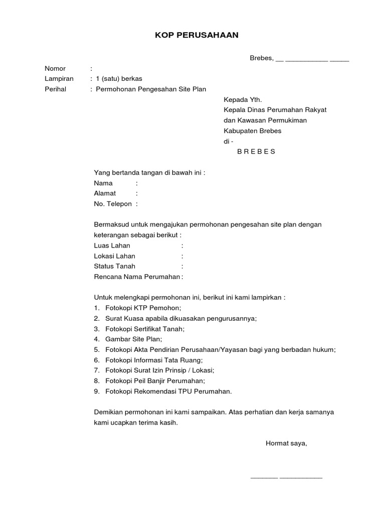 Contoh Surat Mohon Site Plan