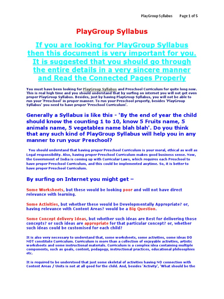 Play Group Syllabus Preschool Curriculum Free 30 day Trial Scribd