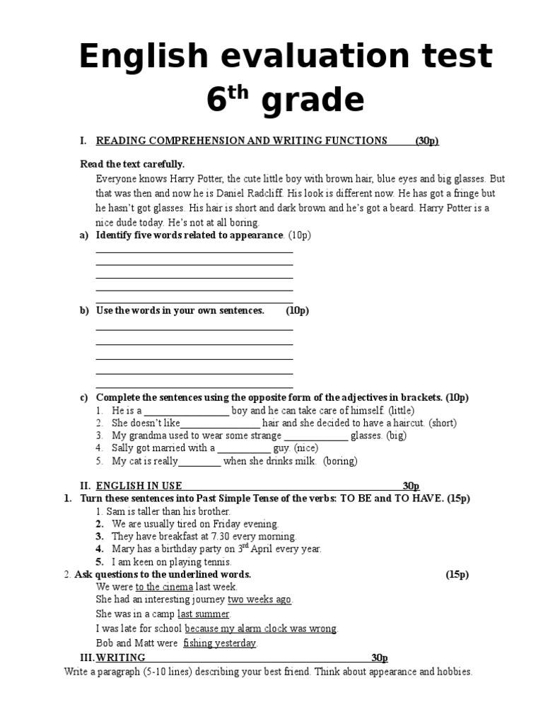 English Evaluation Test 6th Grade English Language Semiotics