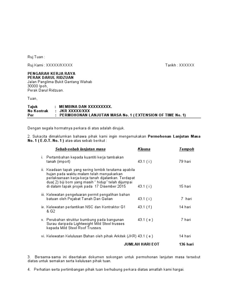 Contoh Surat Permohonan Lanjutan Masa Projek