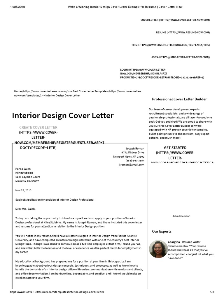 Write A Winning Interior Design Cover Letter Example For Resume - Cover ...
