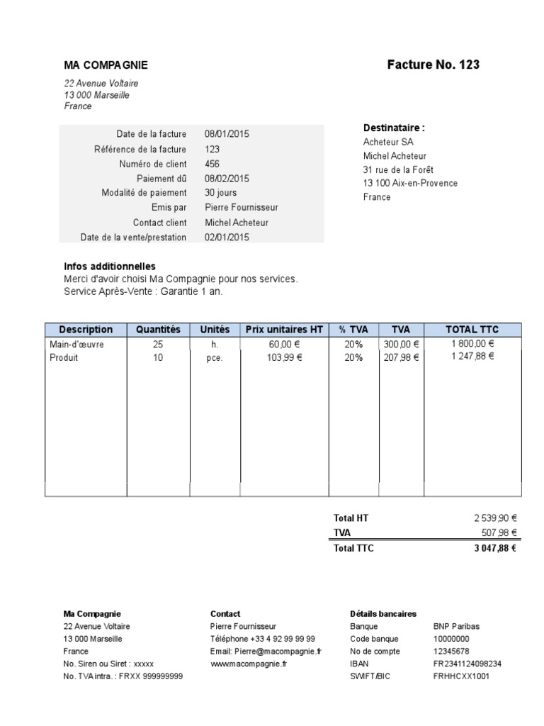 Modele facture d avoir word