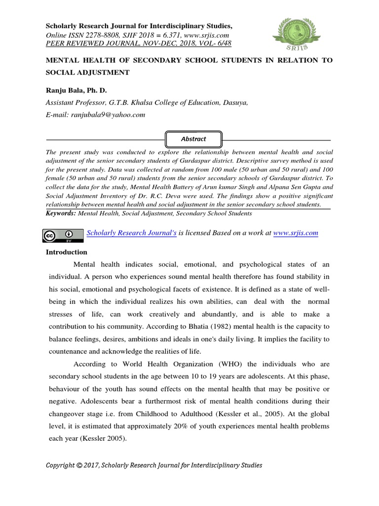 Mental Health of Secondary School Students in Relation To Social ...