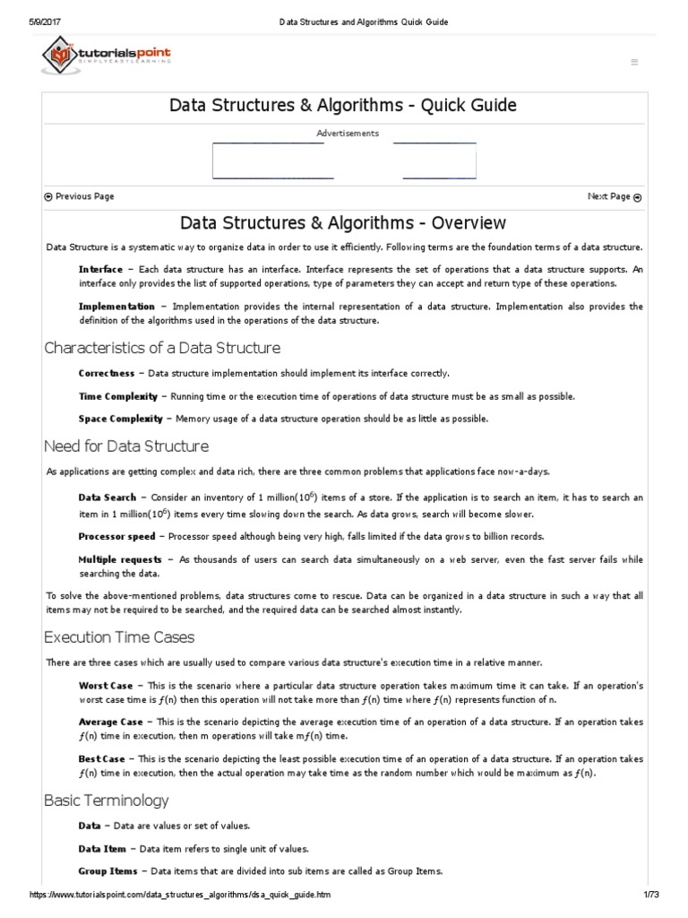 Data Structures and Algorithms Quick Guide | PDF | Time Complexity ...