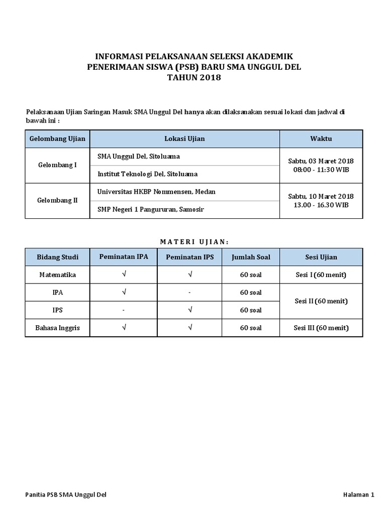 Materi Ujian Psb Sma Unggul Del 2018
