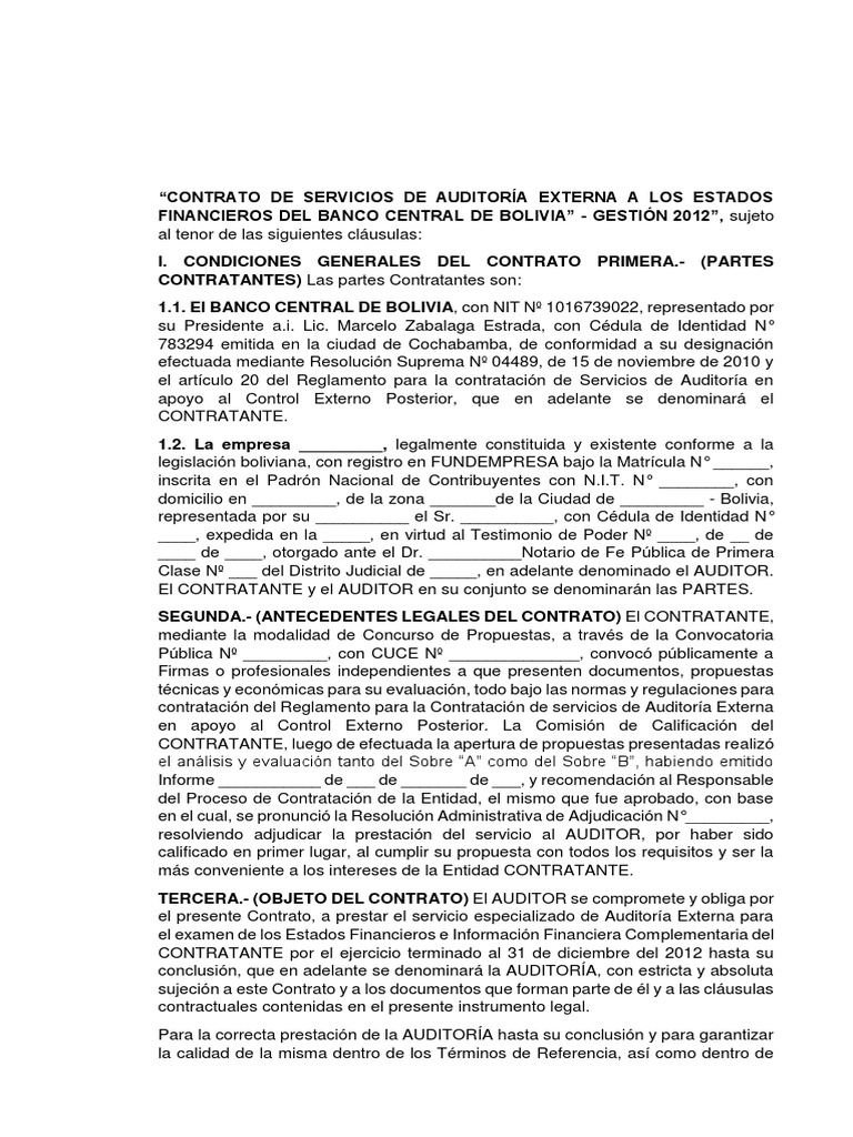 Contrato de Servicios de Auditoría Externa A Los Estados Financieros Del  Banco Central de Bolivia | PDF | Auditoría | Contralor