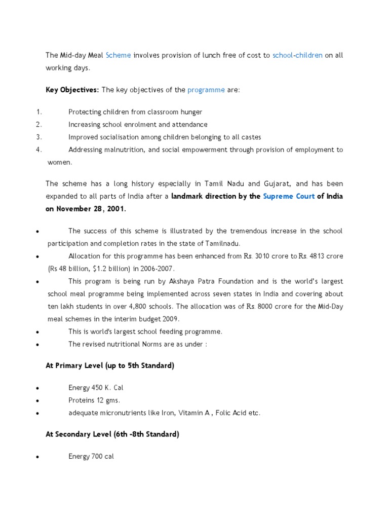 Overview of the Mid-Day Meal Scheme | PDF | Nutrition | Diet & Nutrition
