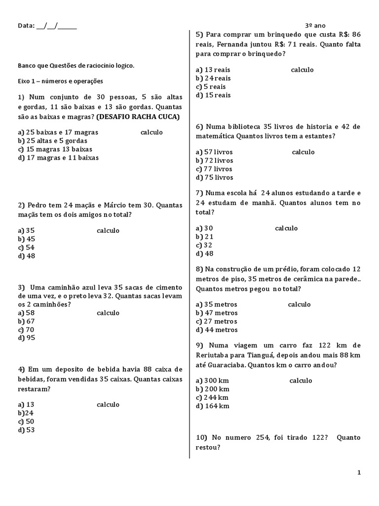 3º ANO Banco Que Questoes de Raciocinio Logico MATEMATICA | PDF | Carro |  Natureza, image size:768x1024
