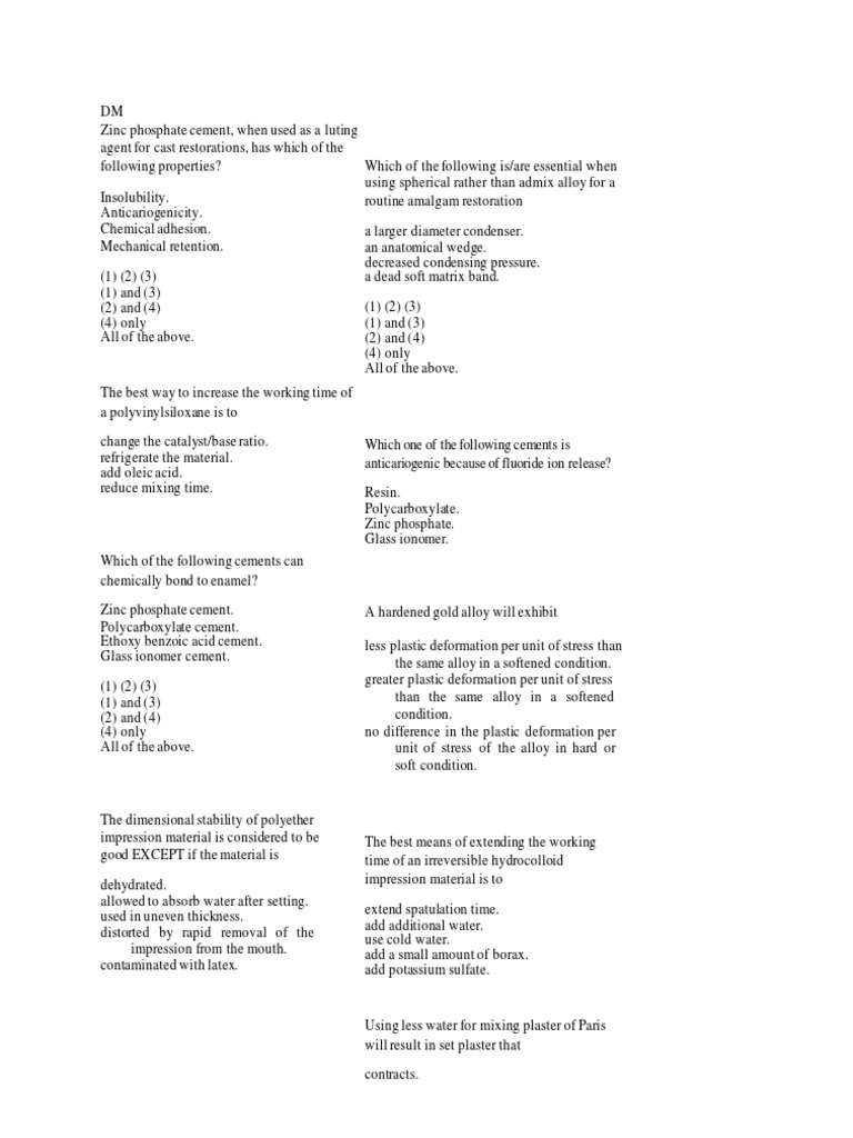 Dental Material Questions Dental Board PDF Dental Composite Solder