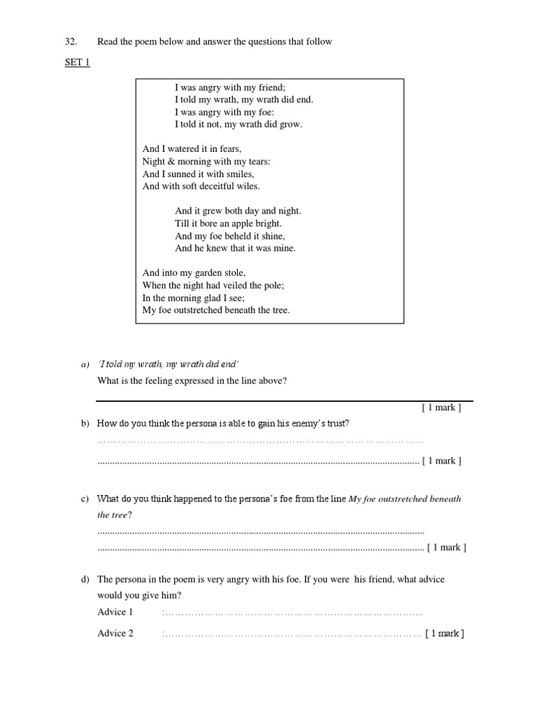 A Poison Tree Question And Answer Anger
