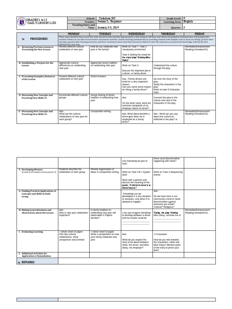9th Grade English Daily Lesson Plan | PDF | Pedagogy | Learning