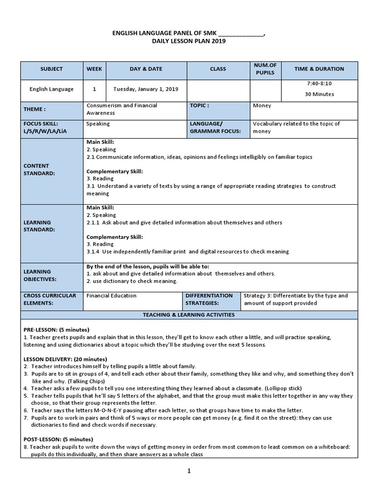 Form 1 Cefr Lesson Plan Pdf Lesson Plan Reading Process